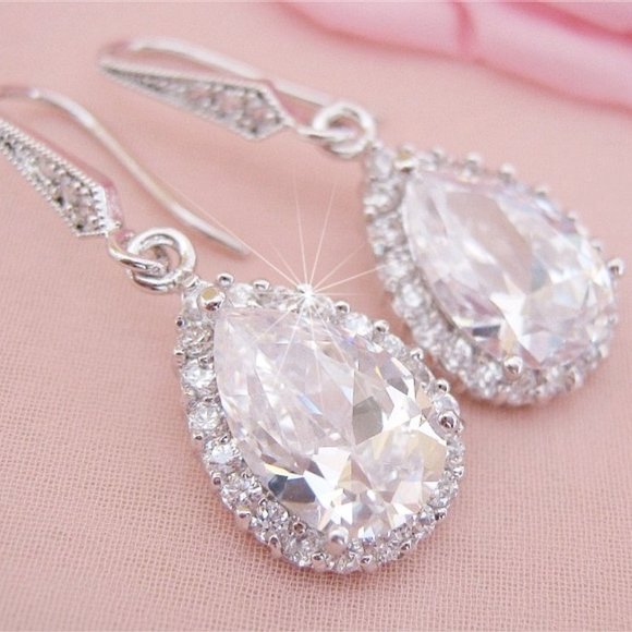 Sparkling Simulated Diamond Earrings Pear Cut Teardrops With Halo Nadri Style - Picture 1 of 8